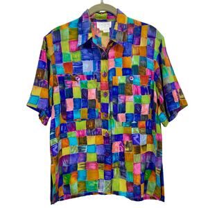 Vintage 90s Doncaster Silk Top Womens Colorful ButtonUp Collared Short Sleeve XS